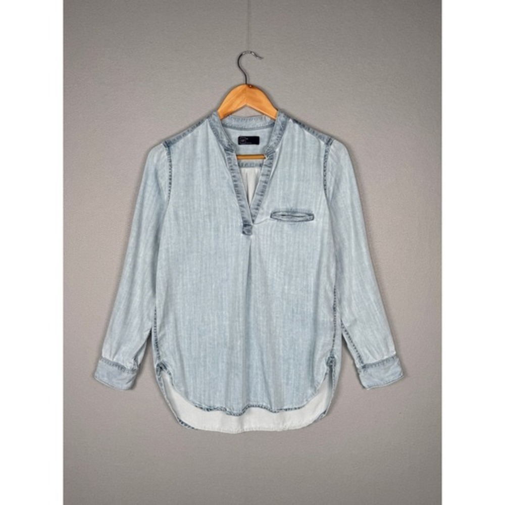 Gap Tencel Split Neck Tunic Shirt Light‎ Blue XS High Low Hem Casual Relaxed Fit